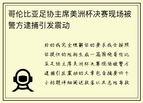 哥伦比亚足协主席美洲杯决赛现场被警方逮捕引发震动 哥伦比亚足协主席美洲杯决赛现场被警方逮捕引发震动